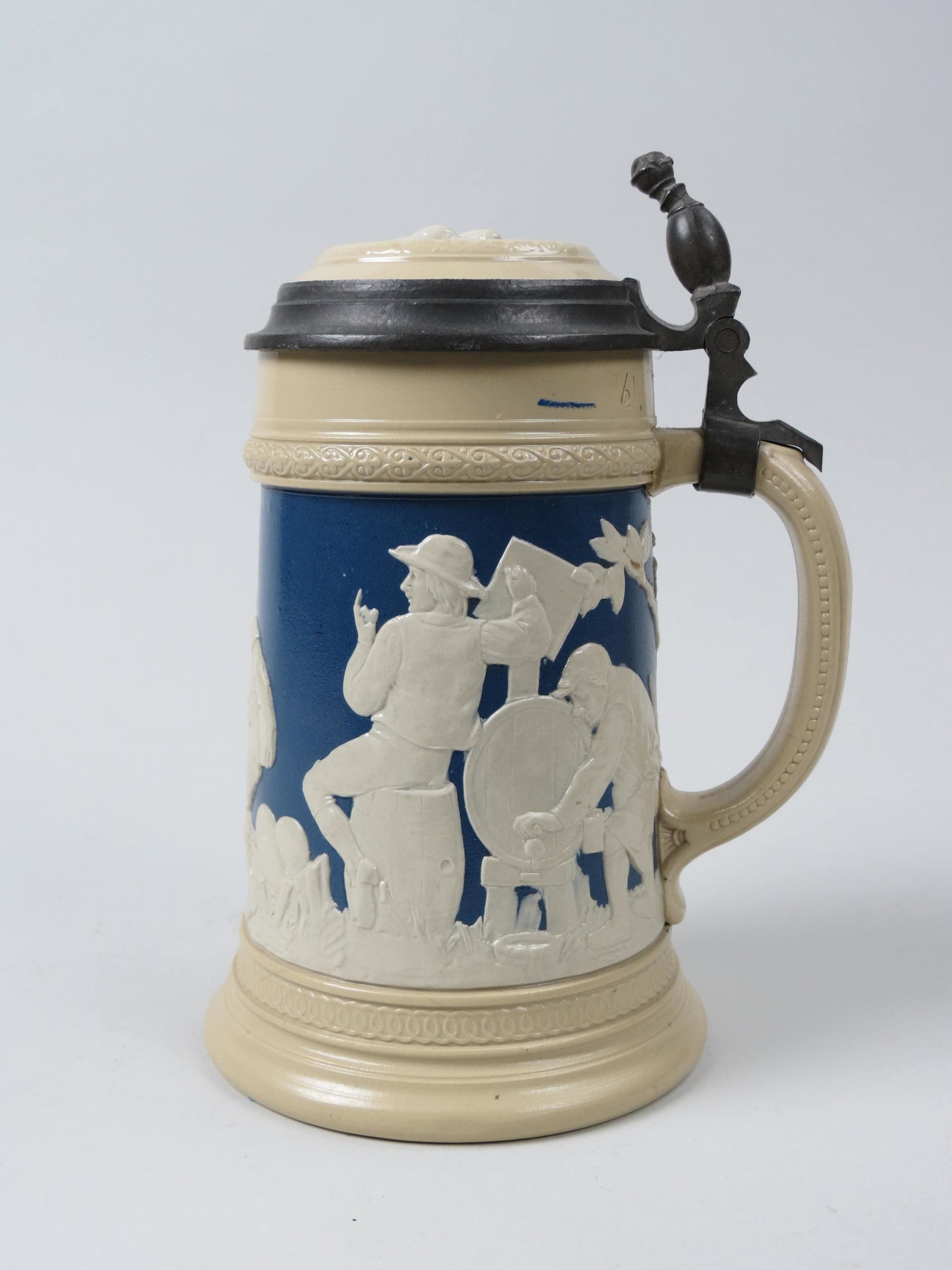 Mettlach Pottery Stein, cameo bowling scene, (1 of 5)