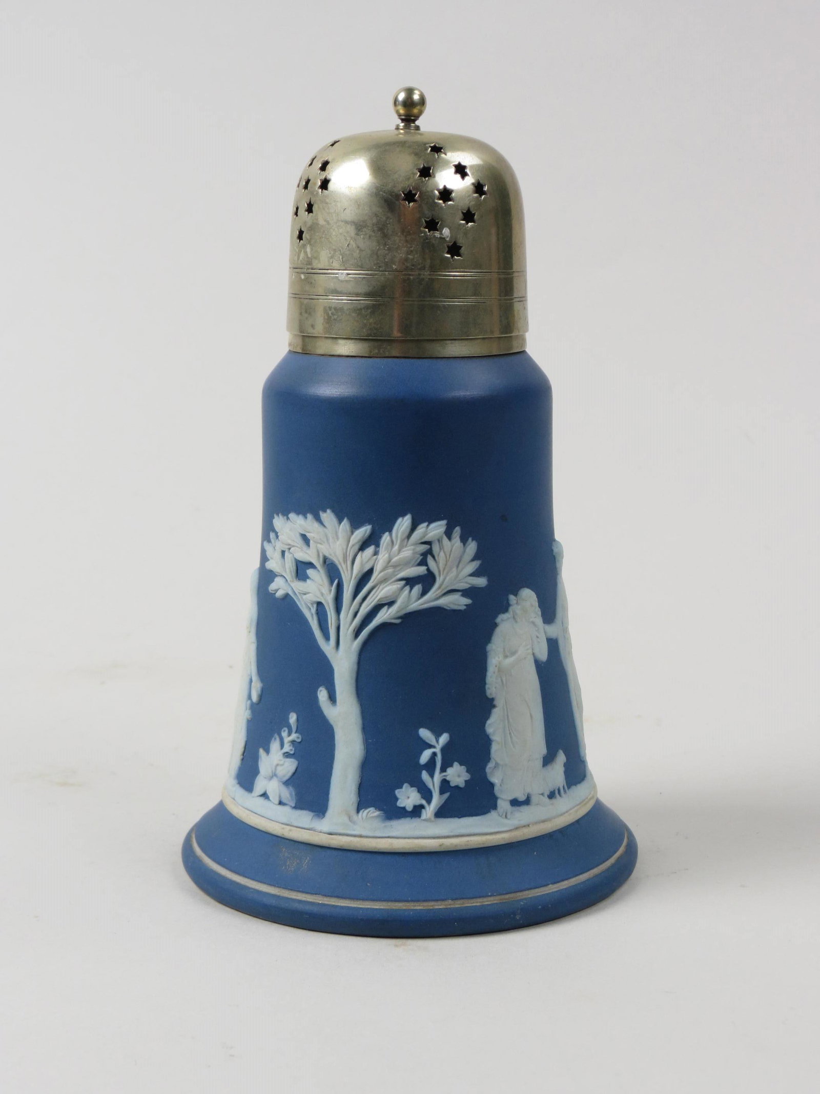 Wedgwood Jasperware Muffineer or Sugar Shaker,: dark blue, classical figures in the garden, nickel silver top, 6 3/4", signed.