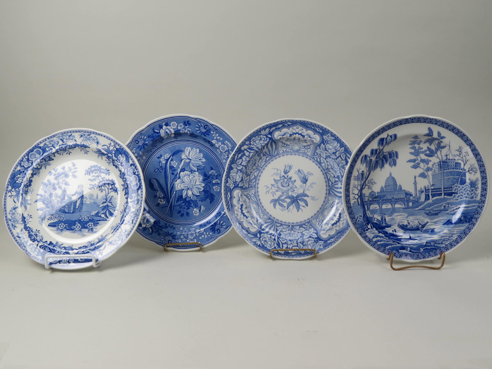 4 Spode Ironstone Plates,"Blue Room Series",: all different, 10 1/2", excellent.