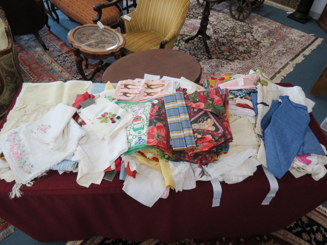 Estate Lot of Linens, table full,: includes equestrian related, embroidered, lace, more modern, more.