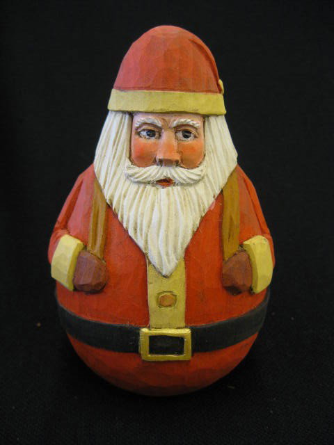 Carved Santa Roly Poly Figurine, by Charlie Hunt, h: by Charlie Hunt, handpainted, 5", excellent.