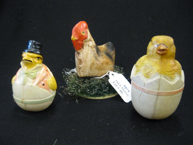 3 Antique Celluloid Toys, hen "squeeker" and two ch: hen "squeeker" and two chicks emerging from eggs, roly poly style, tallest is 3 1/2".