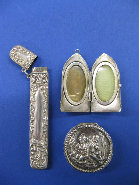 3 Sterling Silver Items; beehive shape locket, nee: beehive shape locket, needle case & ornate round pill box.