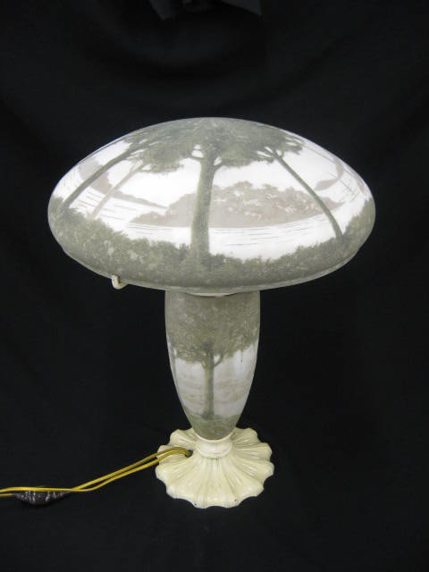 Cameo Art Glass Lamp, Teroma Style Landscape with: with lake, 16" shade, triple socket, attributed to Handel or Pittsburgh, shade has one rim chip