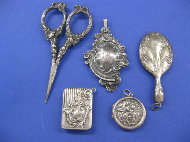 5 Sterling Silver Items, includes dance card penda: includes dance card pendant, stamp box, locket,mirror & scissors.