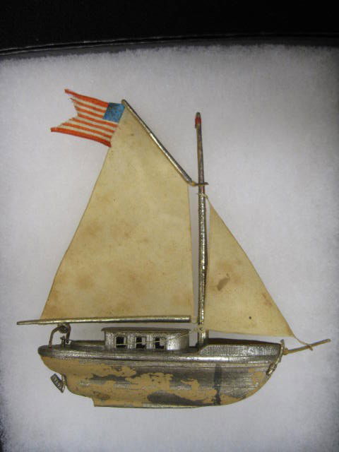 Victorian Dresden Paper Christmas Ornament of U.S.: of U.S. sailboat, 4", rare.