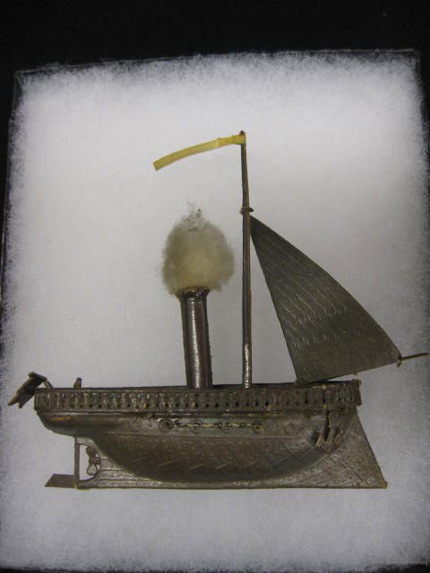 Victorian Dresden Paper Christmas Ornament of a st: of a steam & sail ship, 4", rare.