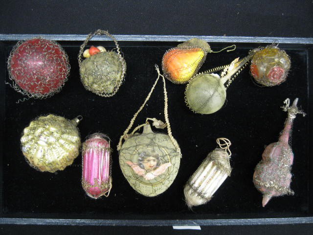 10 Victorian Blown Glass & Tinsel Christmas Orname: Ornaments, includes birds nest, sun, violin & more, 2" to 4 1/2".