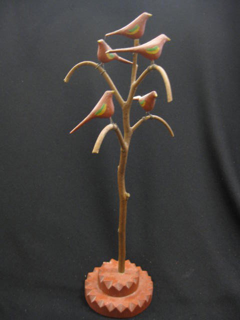 Carved & Painted Figurine of Birds in a tree, sig: in a tree, signed Carlton, 1987, 12".