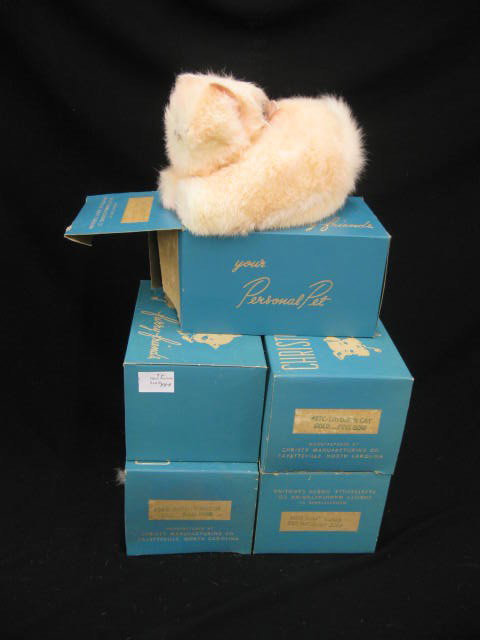 5 Christy Fur Toys, kittens and laydown cats of t: cats of the 1950's, mint in boxes, approximately 9" long