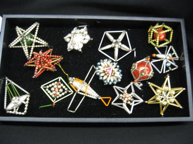 13 Czechoslovakian Glass Christmas Ornaments, fanc: fancy red & beadwork, including butterfly, stars & airplane.