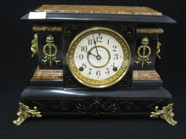 Seth Thomas Mantle Clock, ebonized case, marblized: marblized top, 15" wide x 11" tall
