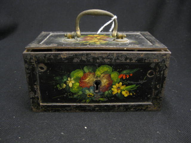 Tole Decorated Metal Strong Box, floral, locking,: floral, locking, 3" x 2 1/2" x 5 1/4", 19th century.