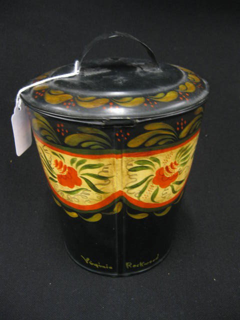 Tole Decorated Tin Covered Pail, 19th Century wit: 19th Century with later floral decor, 8".