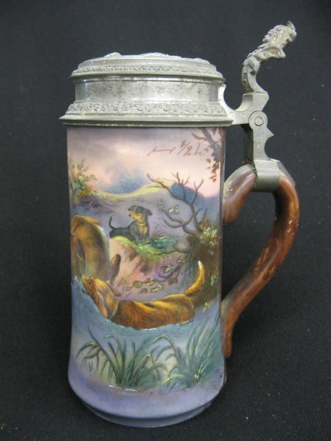German Porcelain Lithopane Stein, handpainted wit: handpainted with dogs & stag, pewter lid, 1/2 liter, 7 1/4" tall.