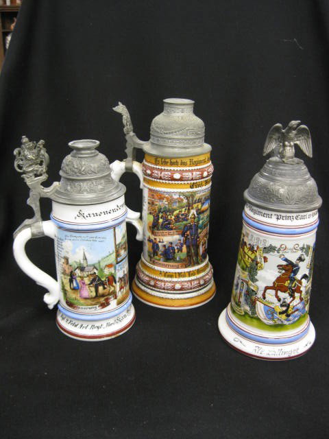 3 Porcelain Regimental Lithopane Steins, pewter l: pewter lids lacking finials, 9" to 10".