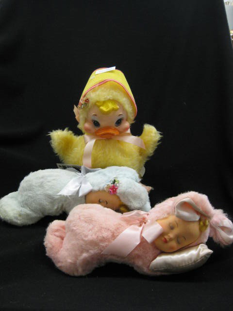 3 Vintage Stuffed Animals, 2 musical sleeping inf: 2 musical sleeping infants and a duckling by Rushton 10", excellent, circa 1950, just out of box.