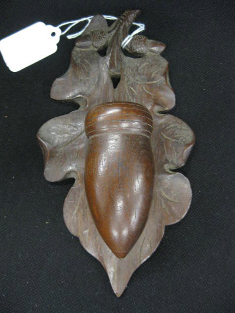 Victorian Carved Walnut Match Holder, acorn desig: acorn design, wall mount, 4" x 7 1/2".