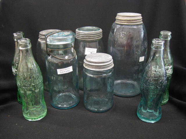 9 Bottles & Canning Jars, includes 1873 "The Gem",: includes 1873 "The Gem", Mason's, Atlas & other fruit jars and older coke bottles from smaller towns.