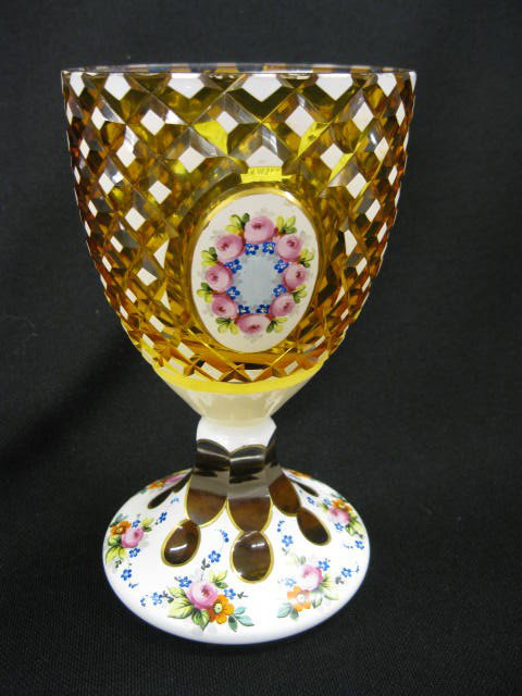 Bohemian Art Glass Goblet or Chalice,: enameled white cut-back to golden amber, 7" tall, excellent.
