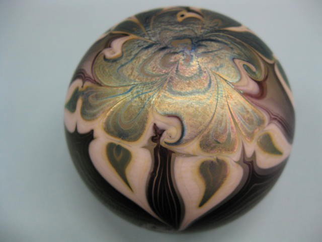 Vandermark Art Glass Paperweight,: iridescent floral & pulled feather design, signed, & dated 1985, 3 1/4", excellent....Vandermark Merritt Glass Studios was founded in 1972 by Jerry Vandermark and Doug Merritt. Today, Doug Merritt, al