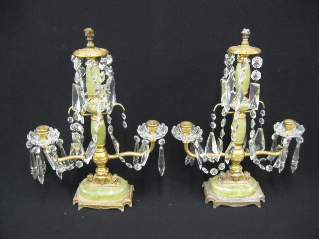 Pair of Onyx & Bronzed Candleabra,: deco era, double scarce, cut crystal prisms & swags, 15".