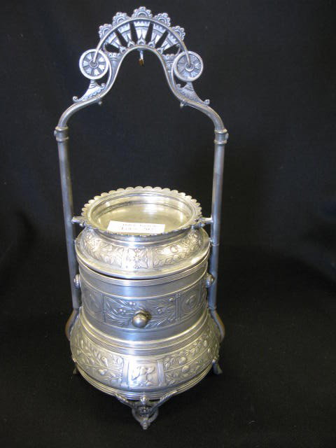 Victorian Silverplate Jewelry Casket,: dog & foliage design, swing open compartment, watch hanger over pin tray, circa 1880, 11" tall.