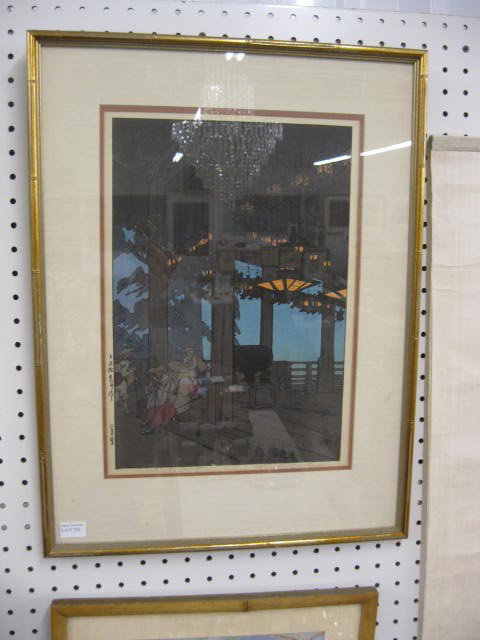 Hiroshi Yoshida, Woodblock, "Nigatondo: Temple", night scene, signed, image area 10" x 14-1/2", excellent
