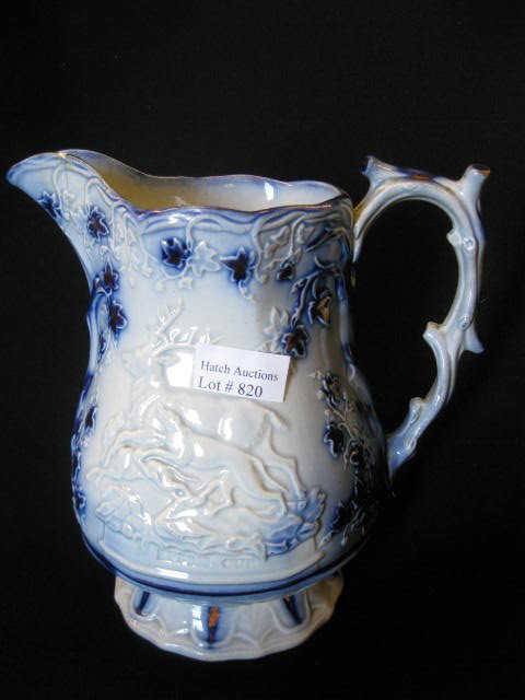 19th Century Flow Blue "Epson Cup" Pitcher,: hound & stag decor copper luster highlights, 7", mid 19th Century, spout repaired.