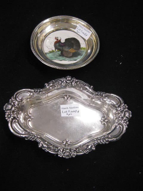 2 Sterling Silver Items,: Wallace floral dish, 4 1/2" x 6" and a coaster with porcelain inset depicting a turkey.
