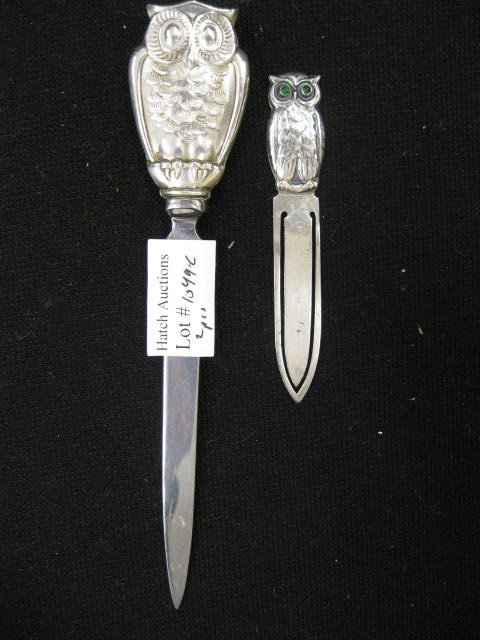 2 Sterling Silver "Owl" Items:: Gorham 6 1/4" letter opener and a European .830 bookmark with green eyes.
