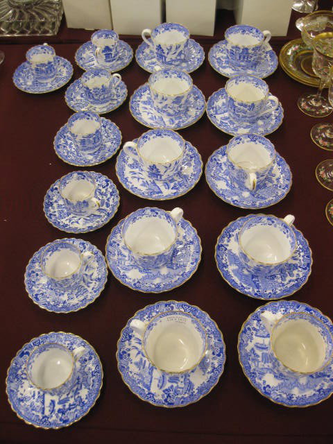 34 pcs. Copeland China,: 10 coffee or tea cups & servers and 7 demitasse size cups & saucers, fancy blue willow style decor, gold trim, excellent.
