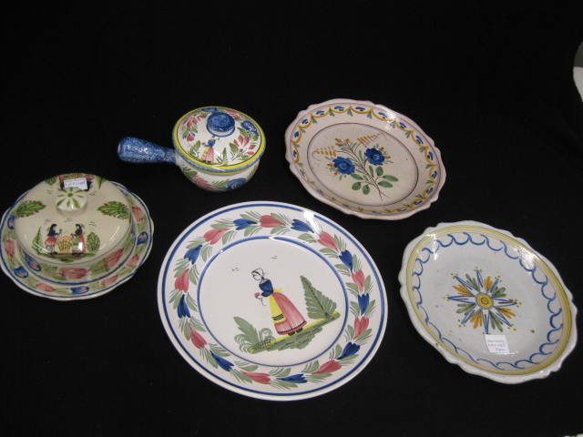 5 pcs. French Pottery & China,: Quimper pheasant lady plate & covered soup bowl, 2 faience plates and a porcelain butter dish.
