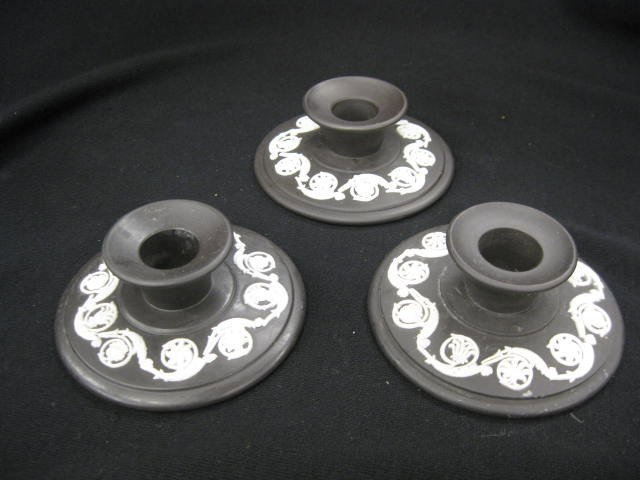 3 Wedgwood Black Jasperware Candleholders,: 3 1/2" diameter, excellent.