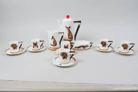 Royal Doulton China "Fox" Coffee or Demitasse Set,: Reynard, the Fox circa 1920's with fox and whip decor, Art Deco style, includes 8" pot, 6 cups, 6 saucers, creamer and open sugar, H4927, all excellent, 15 pcs.......Reynard the Fox by Royal