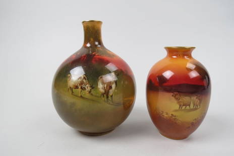 2 Royal Doulton China Cabinet Vases,: sunset farm landscapes, one with sheep, other with cattle, 4 1/8" & 5 1/4", circa 1900, both excellent.