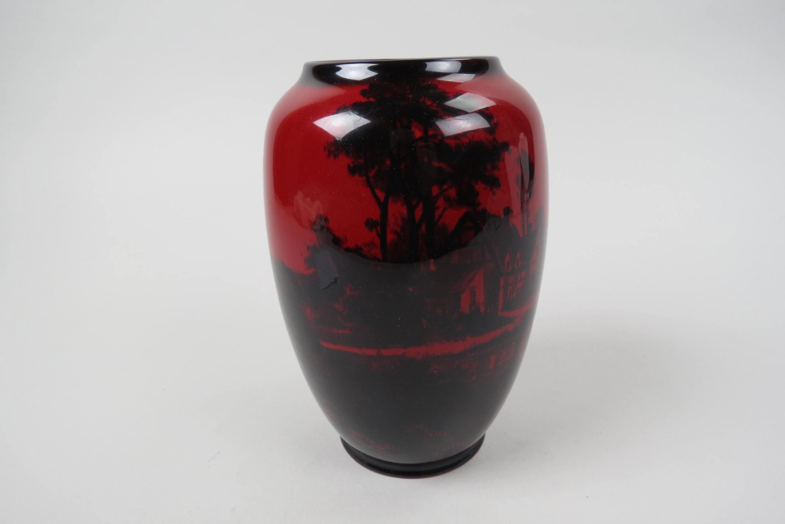 Royal Doulton China Flambe Vase by Noke,: farmhouse scene with reflective pond, signed, #7665, 6 3/4", excellent...................Charles Noke was a pioneer and highly influential artist for Royal Doulton in the early days of their figurine 