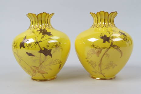 Pair of Tiffany Royal Crown Derby Vases,: canary yellow with fine gold work, retailed by Tiffany around 1900, 5 1/4" tall, signed, excellent.