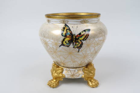 Limoges Porcelain Jardiniere on Stand,: hand painted with butterflies and gold spider webs by artist D. Hendorf, figural lion paw feet on stand, fine gold work, together 7 1/2" tall, 7 1/2" diameter, excellent.