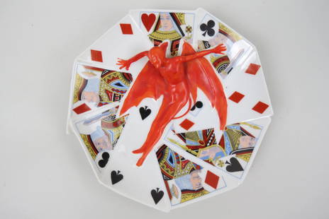 Royal Bayreuth Devil & Playing Cards Tray,: calling card size, 7" diameter, excellent.... The red devil is part of a group of pieces known as Devil & Cards, a group that was shaped like a devil, playing cards, or both.