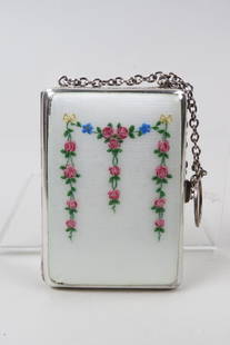 Sterling Silver & Enameled Case,: floral garland on diamond design, hallmarks of London, 1907, 2 3/4" X 3 7/8" plus finger ring and chain, 144 grams.