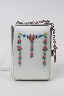 Sterling Silver & Enameled Case,: floral garland on diamond design, hallmarks of London, 1907, 2 3/4" X 3 7/8" plus finger ring and chain, 144 grams.