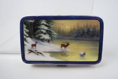 European Sterling Enameled Case,: winter landscape with deer, hallmarks, interior engraved and dated 1917, 2" X 3 1/8", 108 grams.