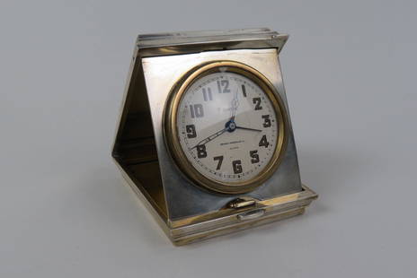 Sterling Silver Travel Alarm Clock, Art Deco,: folding case with overall diamond design, 8 day movement by Brand-Chatillon Company, 3 1/4" X 3 3/4" (when closed), working.