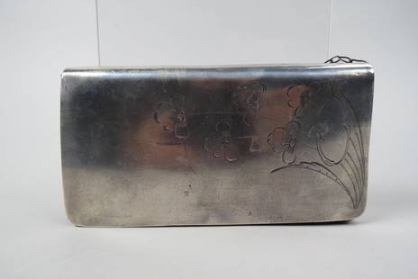 Russian Sterling Silver Clutch Purse,: engraved floral, interior leather with mirror and implements, 84 mark, circa 1900, 3 1/4" X 6" plus wrist chain, 235 grams.