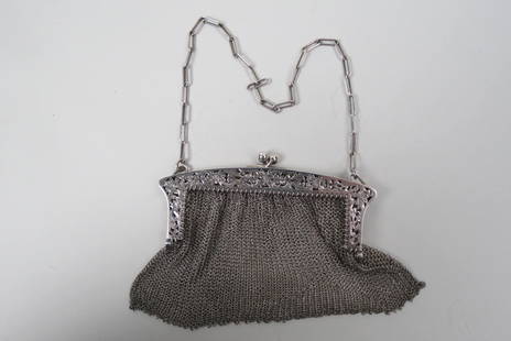 Sterling Silver Mesh Purse, Art Deco,: elaborate engraved design and openwork floral, 4" X 4 3/4" plus chain, 119 grams.