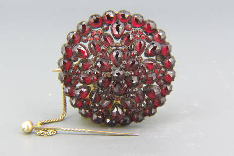 Garnet Brooch, 19th Century,: domed floral style with deep red garnets in various shapes and cuts, 1 1/2" diameter, gold-filled.