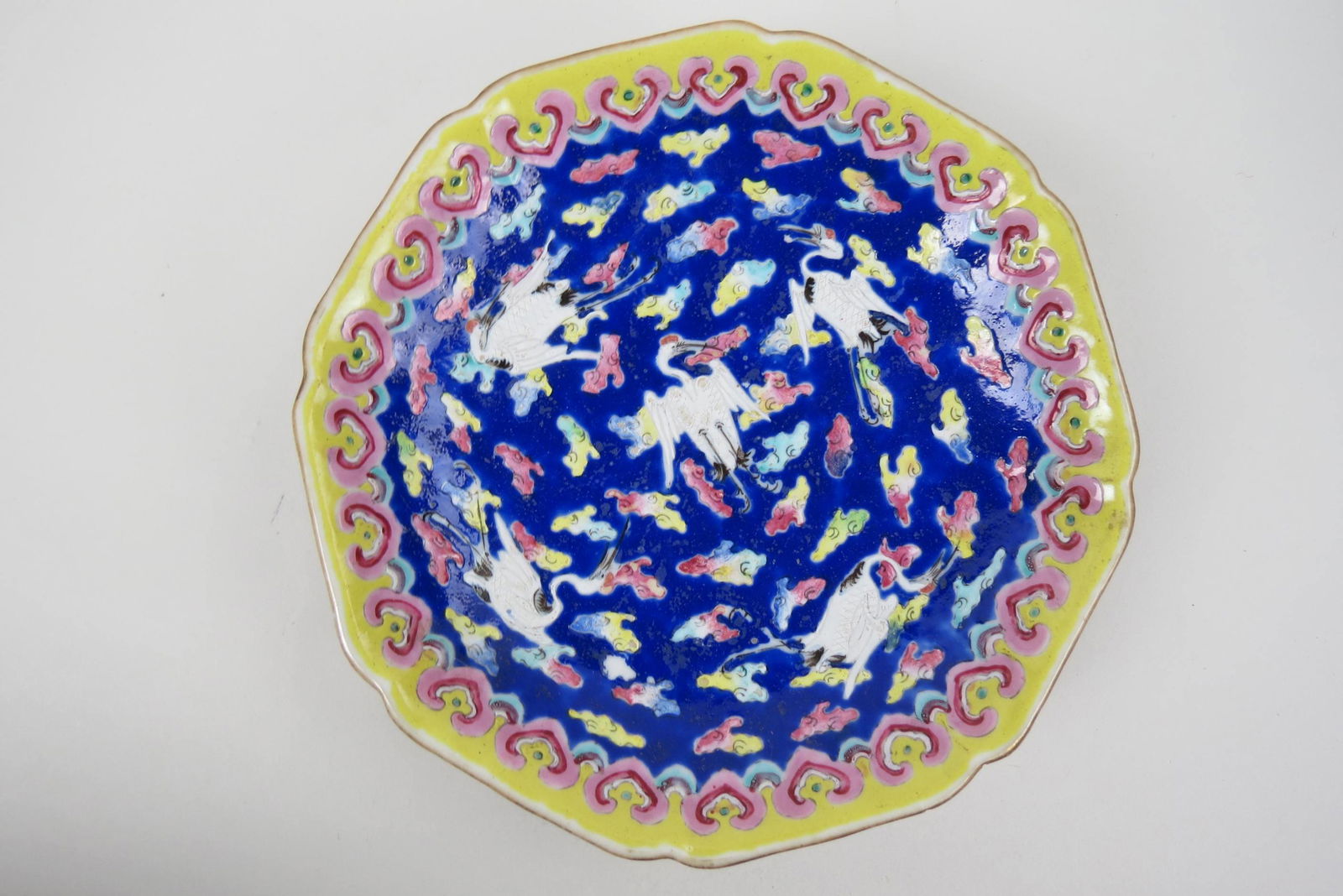 Chinese Famile Porcelain Bowl,: flying crane and cloud decor on deep blue, pedestal base, signed, Tung Chih mark, 1862-1874, 7", excellent.