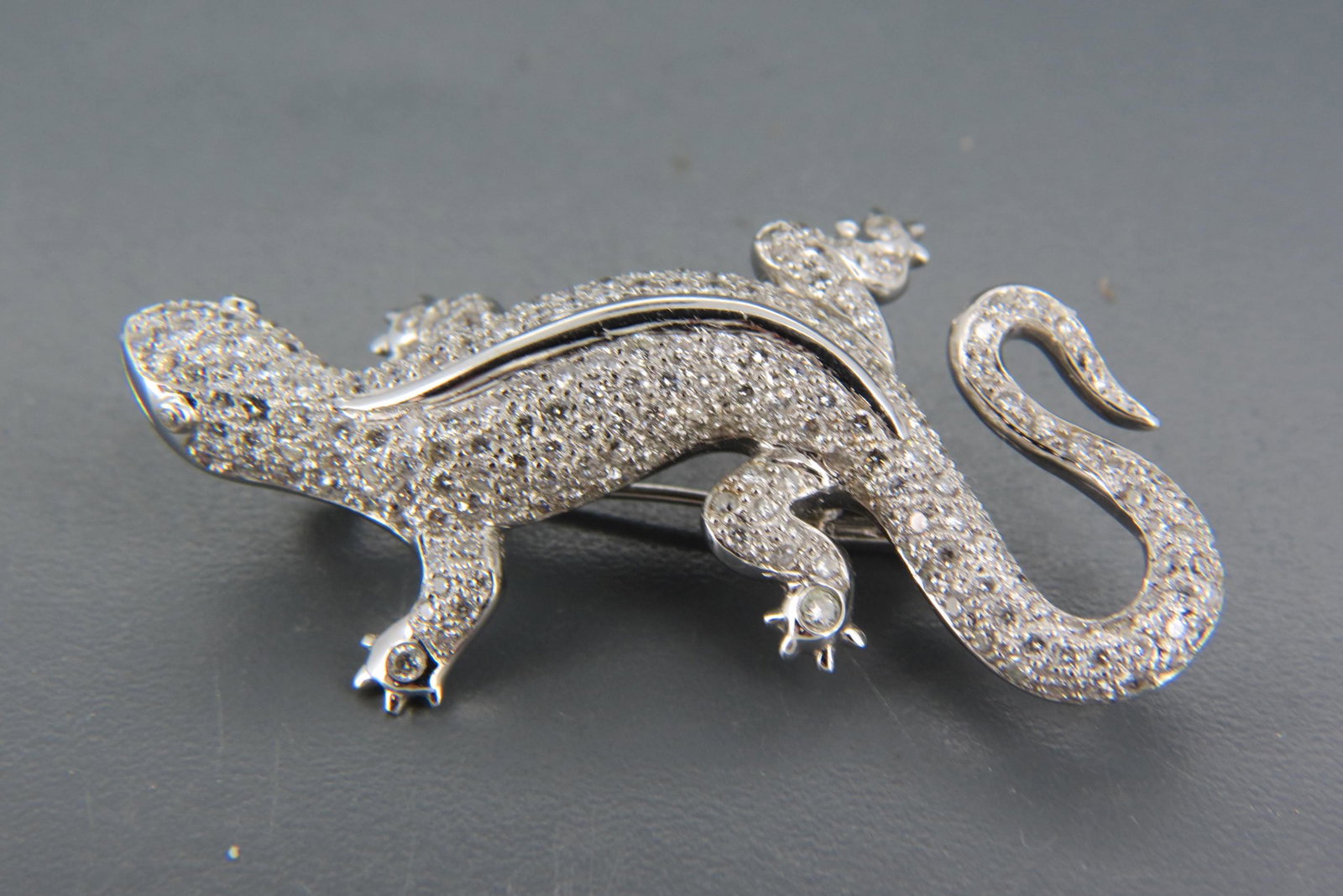 Diamond & 18K Gold Salamander Brooch, 7.50 carats,: 293 round brilliant diamonds, high grade, heavy 18K white gold, with appraisal of $17,500.00, 2 1/4" long.