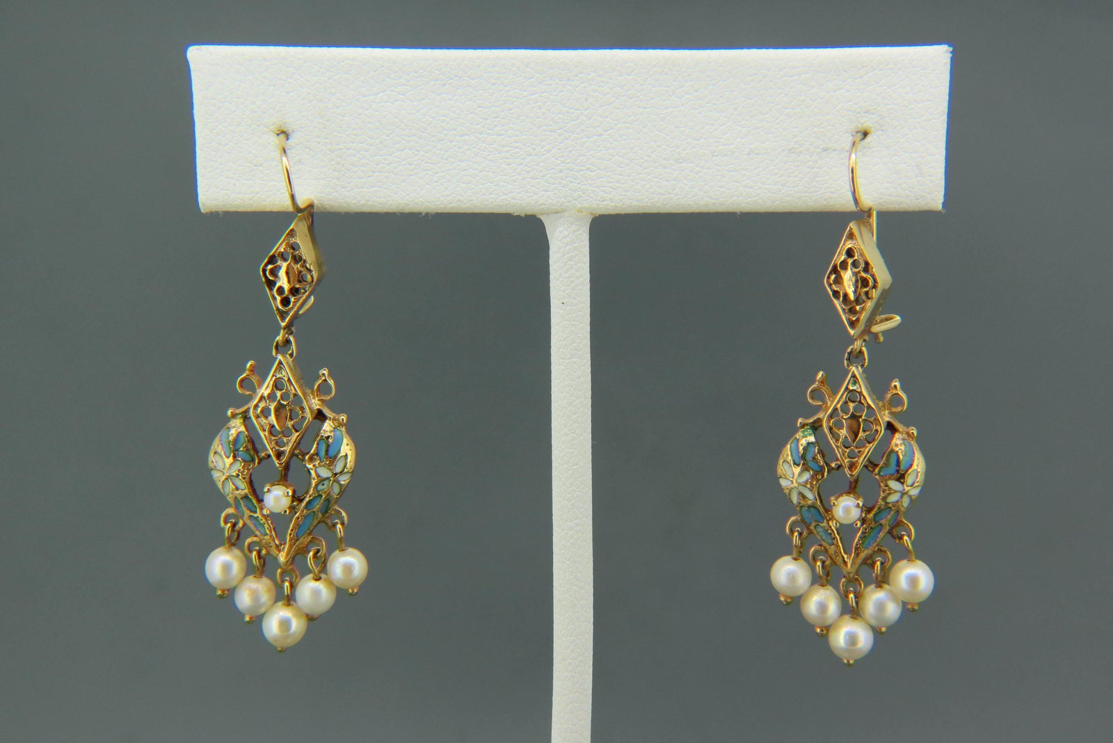 14K Gold Enameled & Pearl Earrings,: dangling pearls, blue and white enamel trim, 14K yellow gold, wires, 1 3/4" long, 6 grams.